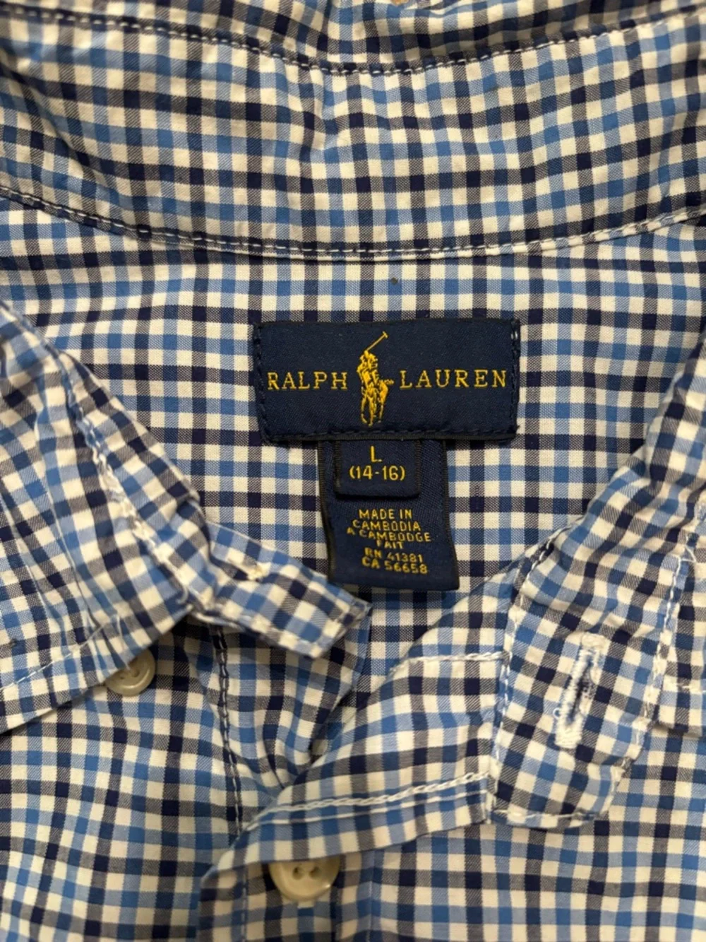 Ralph Lauren Boys Blue Gingham Button-Down Shirt Youth Large 14-16 Cotton Preppy